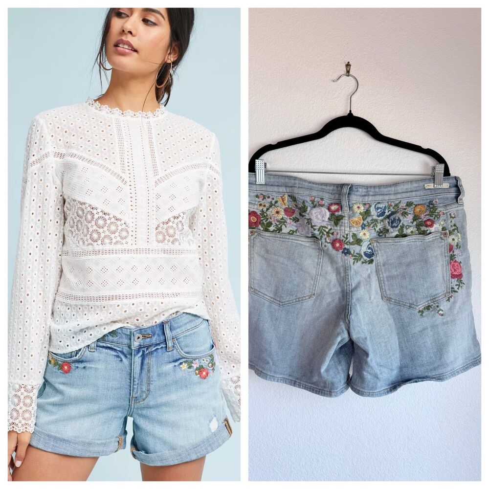 Anthropologie Pilcro Embroidered Boyfriend Denim Shorts Size 30 Boho Floral EUC